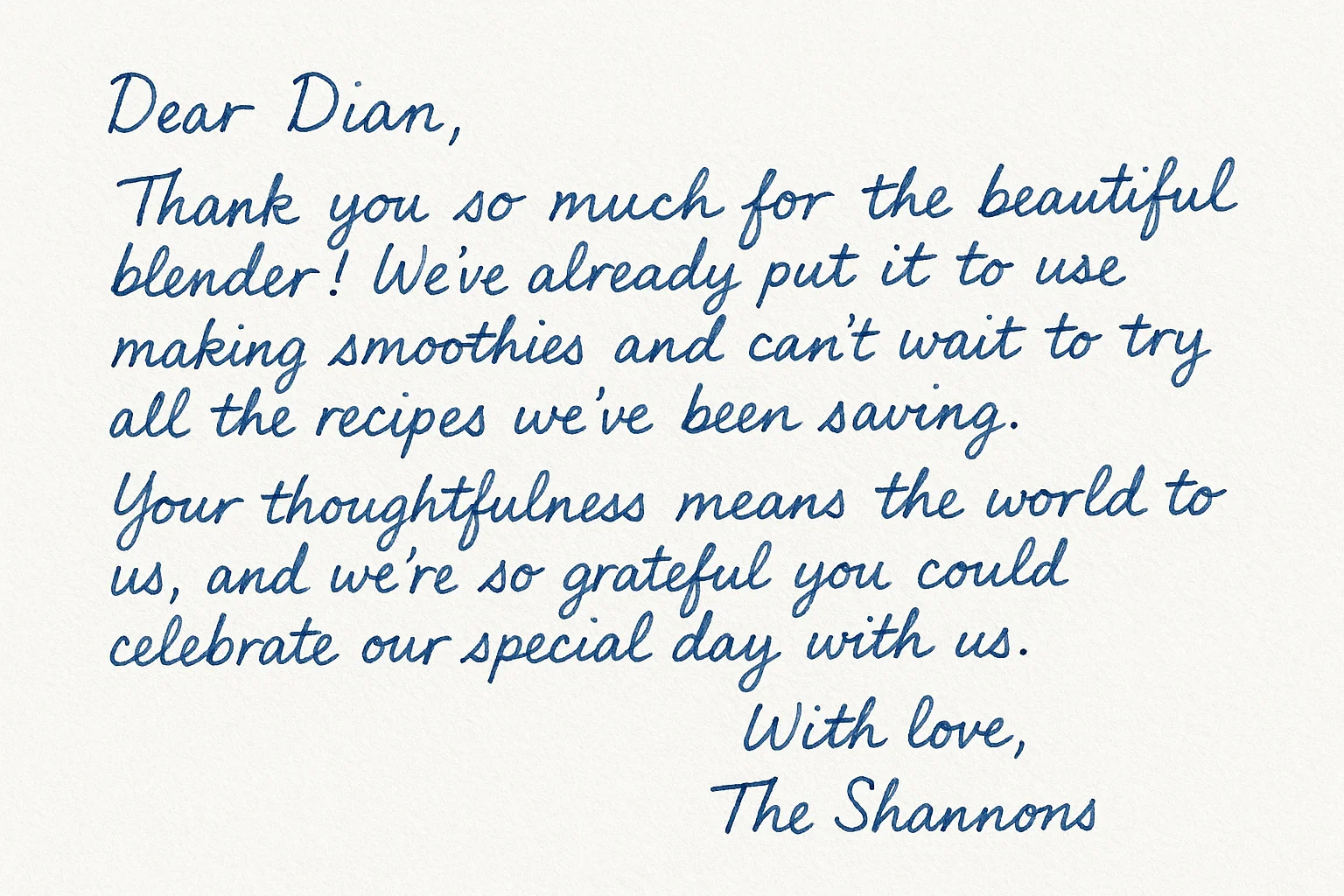Example handwritten wedding thank you note